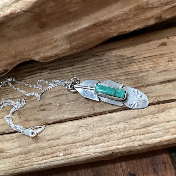Sterling Silver and Turquoise Feather Pendant - Picture 1 of 11